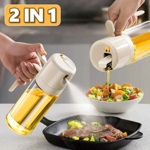2 In 1 Oil Sprayer Bottle BBQ Cooking for cooking dispensing oil while preparing a meal in the kitchen, featuring a unique 2 in 1 design.