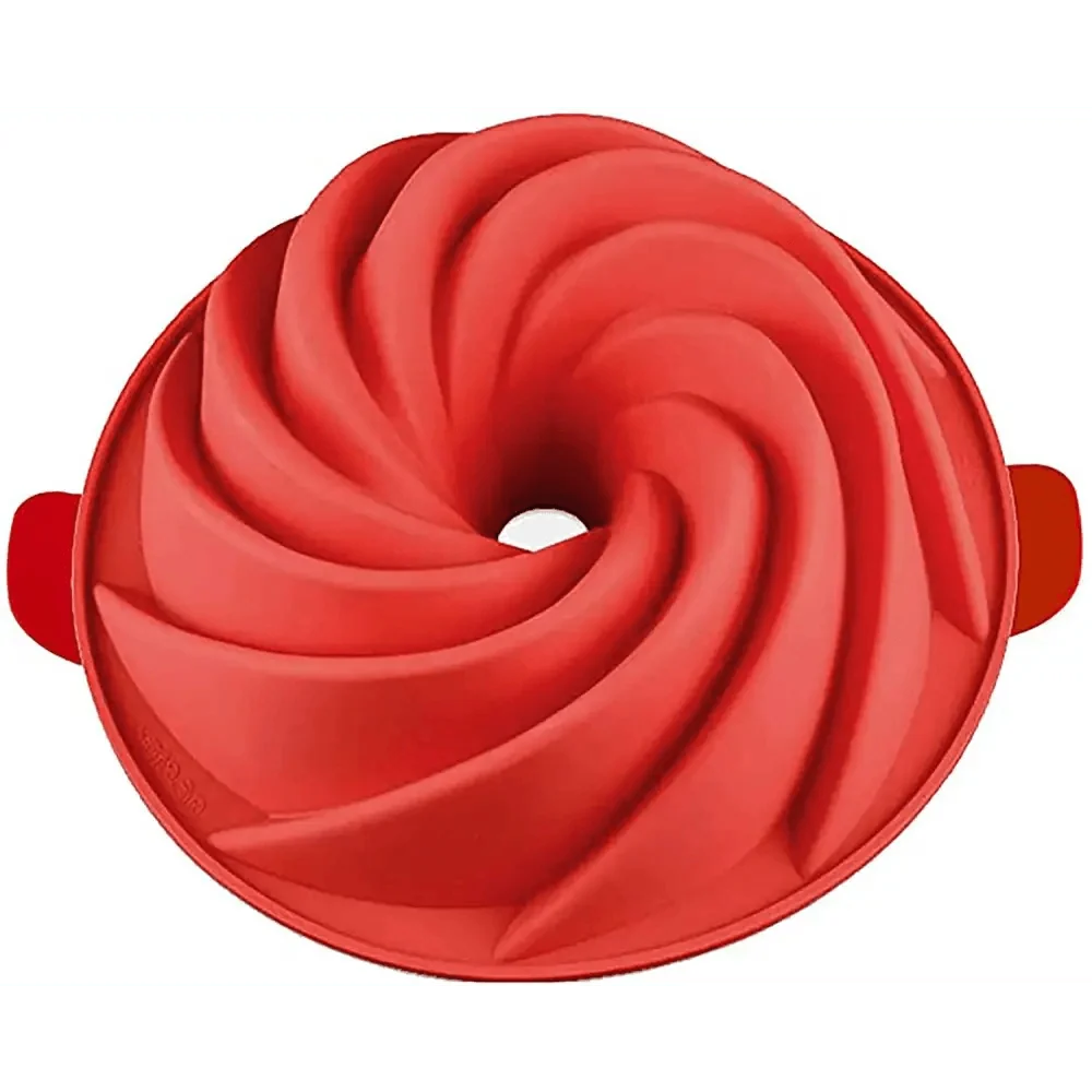 Flexible silicone bundt pan rim being folded back