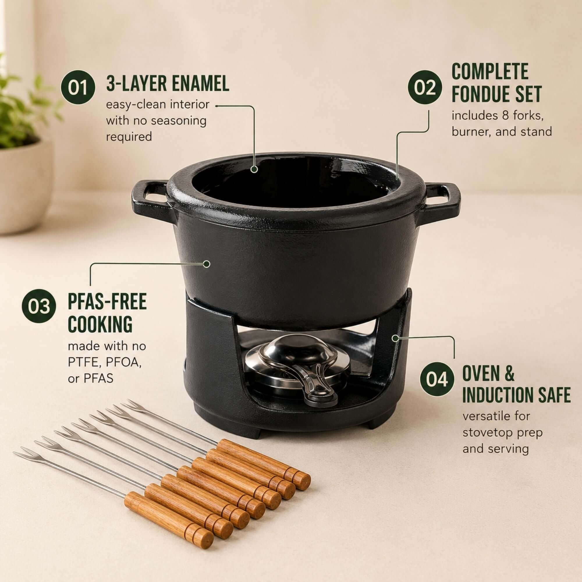 Enameled Cast Iron Fondue Set, 8-Piece, 2-Qt