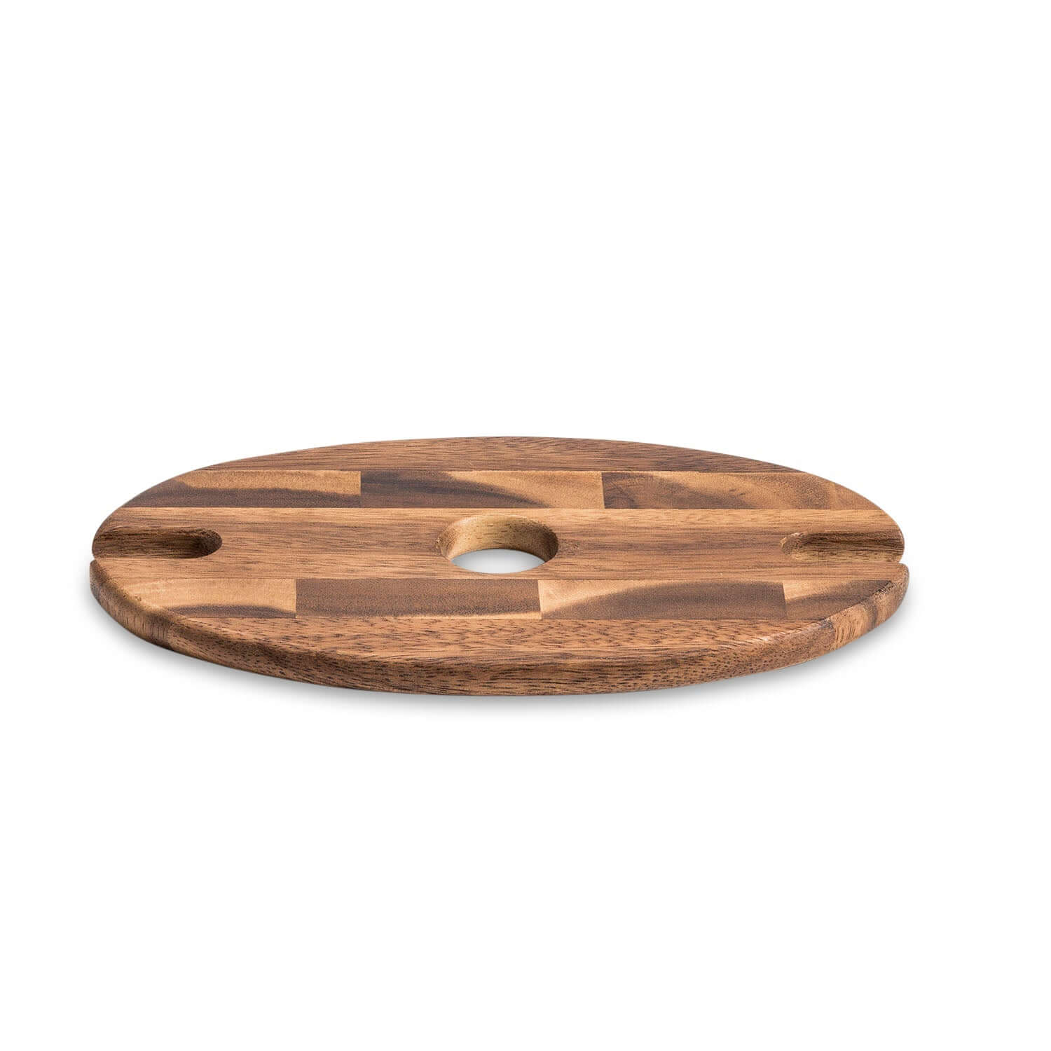 Acacia wood wine glass caddy displayed on a white background, showcasing its elegant design and functionality.