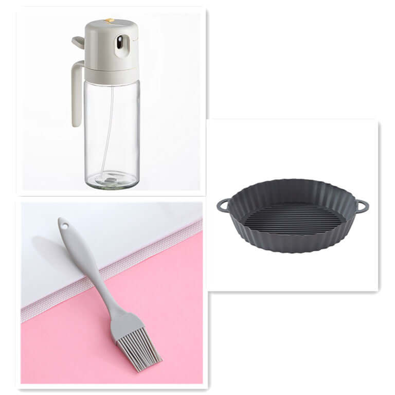 2 In 1 Oil Sprayer Bottle BBQ Cooking for cooking alongside a silicone brush and a baking tray