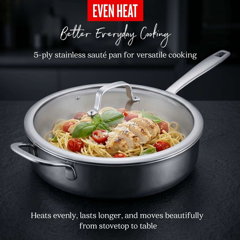 5-Ply Stainless Sauté Pan with Lid, 4-Qt - Wine Drop Cookery LLC