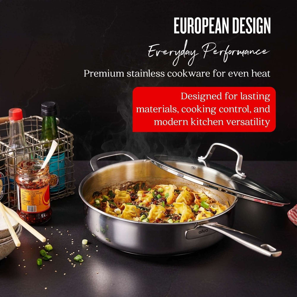 5-Ply Stainless Sauté Pan with Lid, 4-Qt - Wine Drop Cookery LLC