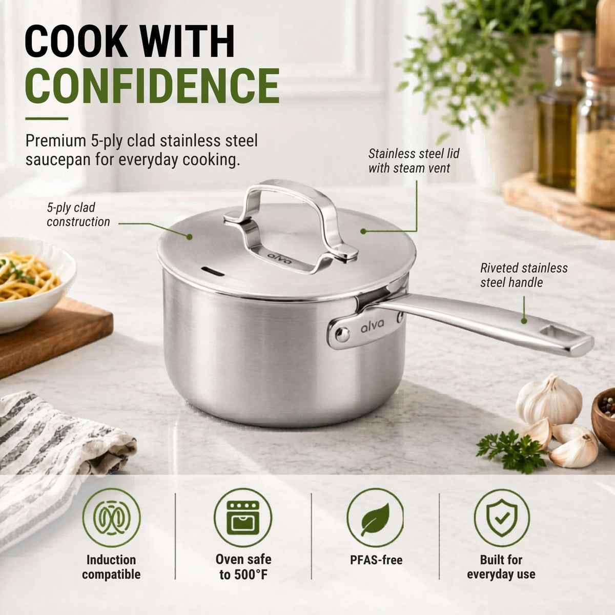 5-Ply Stainless Steel Saucepan with Lid - Wine Drop Cookery LLC