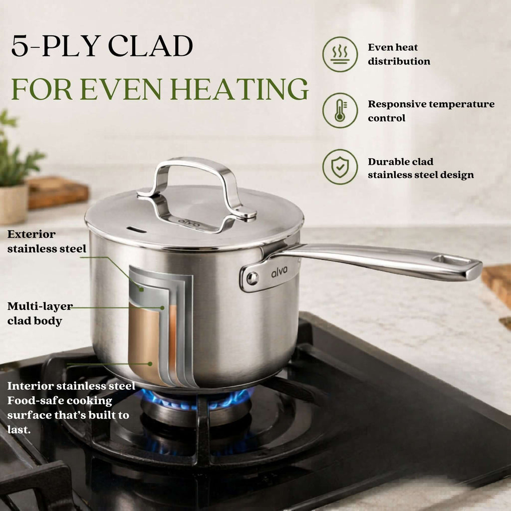 5-Ply Stainless Steel Saucepan with Lid - Wine Drop Cookery LLC
