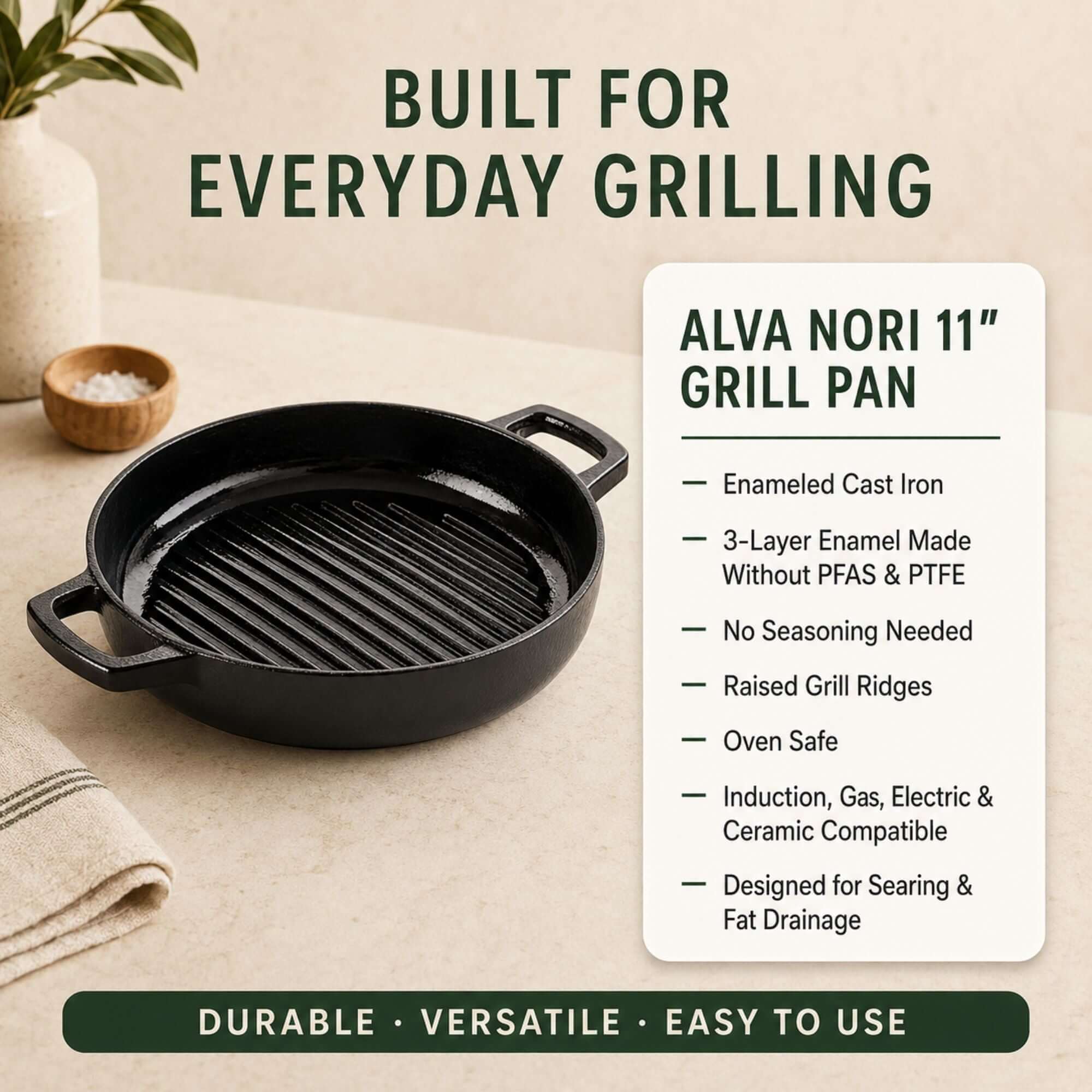 Enameled Cast Iron Grill Pan, 11"