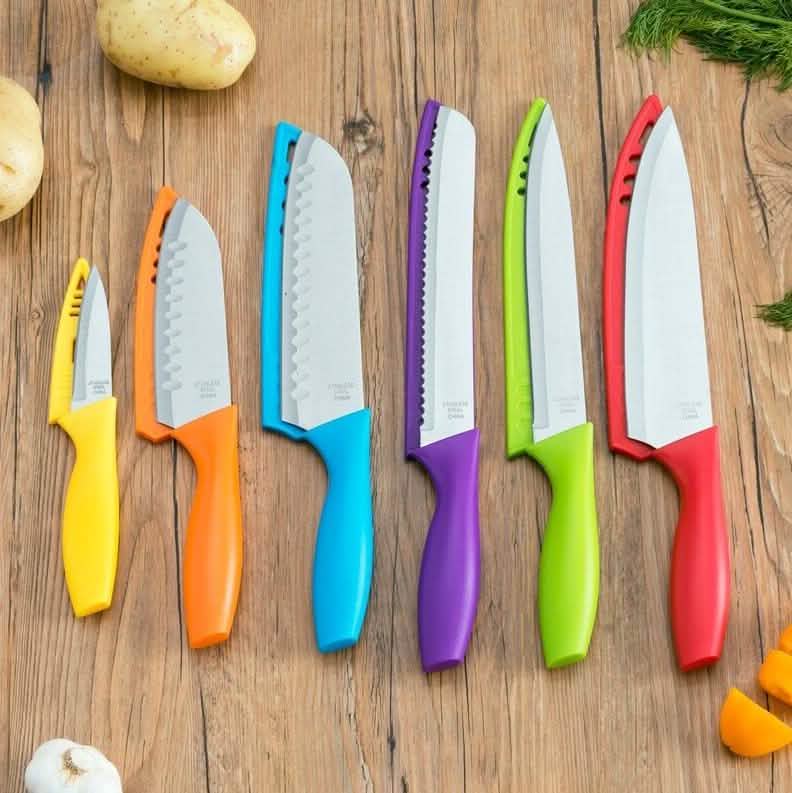 Colorful 6-Piece Knife Set with Matching Blade Covers, Stainless Steel - Wine Drop Cookery LLC