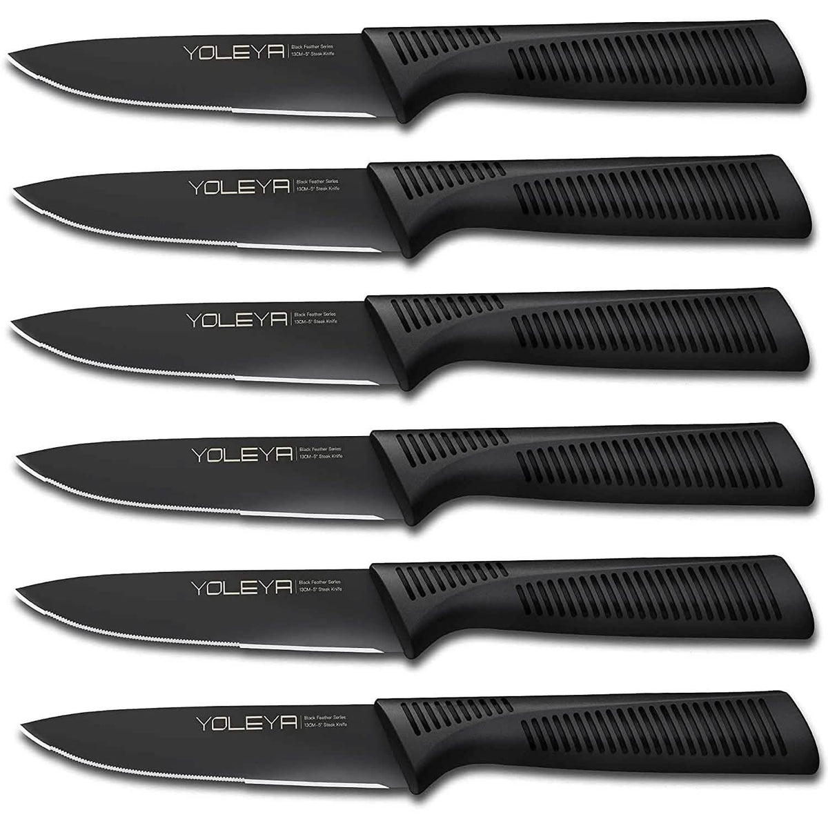 YOLEYA Black Steak Knives, Set of 6, Serrated German Stainless Steel - Wine Drop Cookery LLC