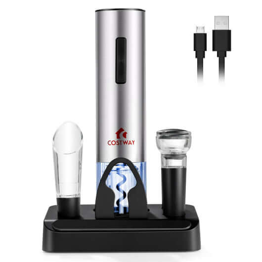 6-in-1 Electric Wine Bottle Opener Set with Foil Cutter and USB charging dock.