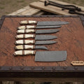 7-Piece Damascus Kitchen Knife Set with Leather Roll - Wine Drop Cookery LLC