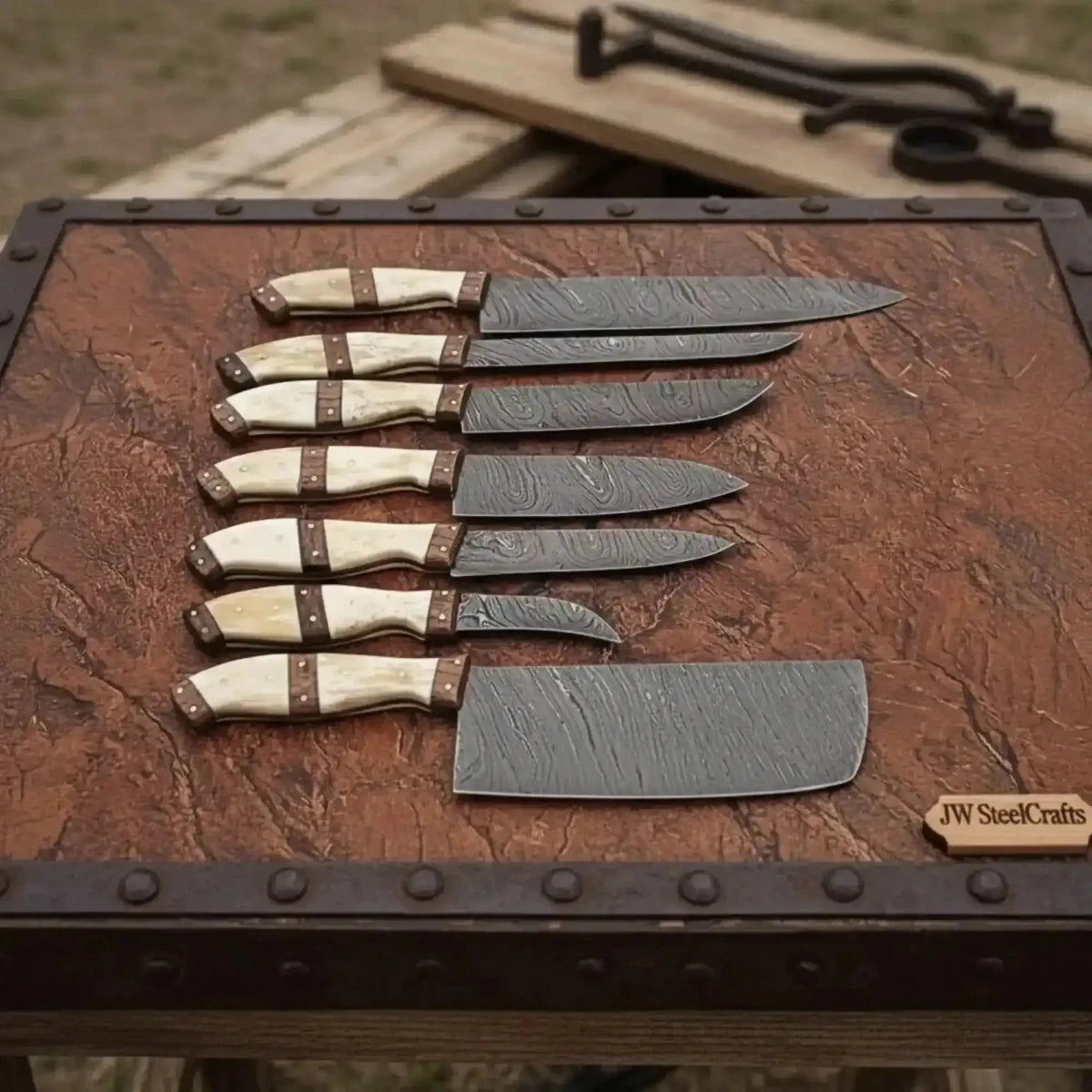 7-Piece Damascus Kitchen Knife Set with Leather Roll - Wine Drop Cookery LLC