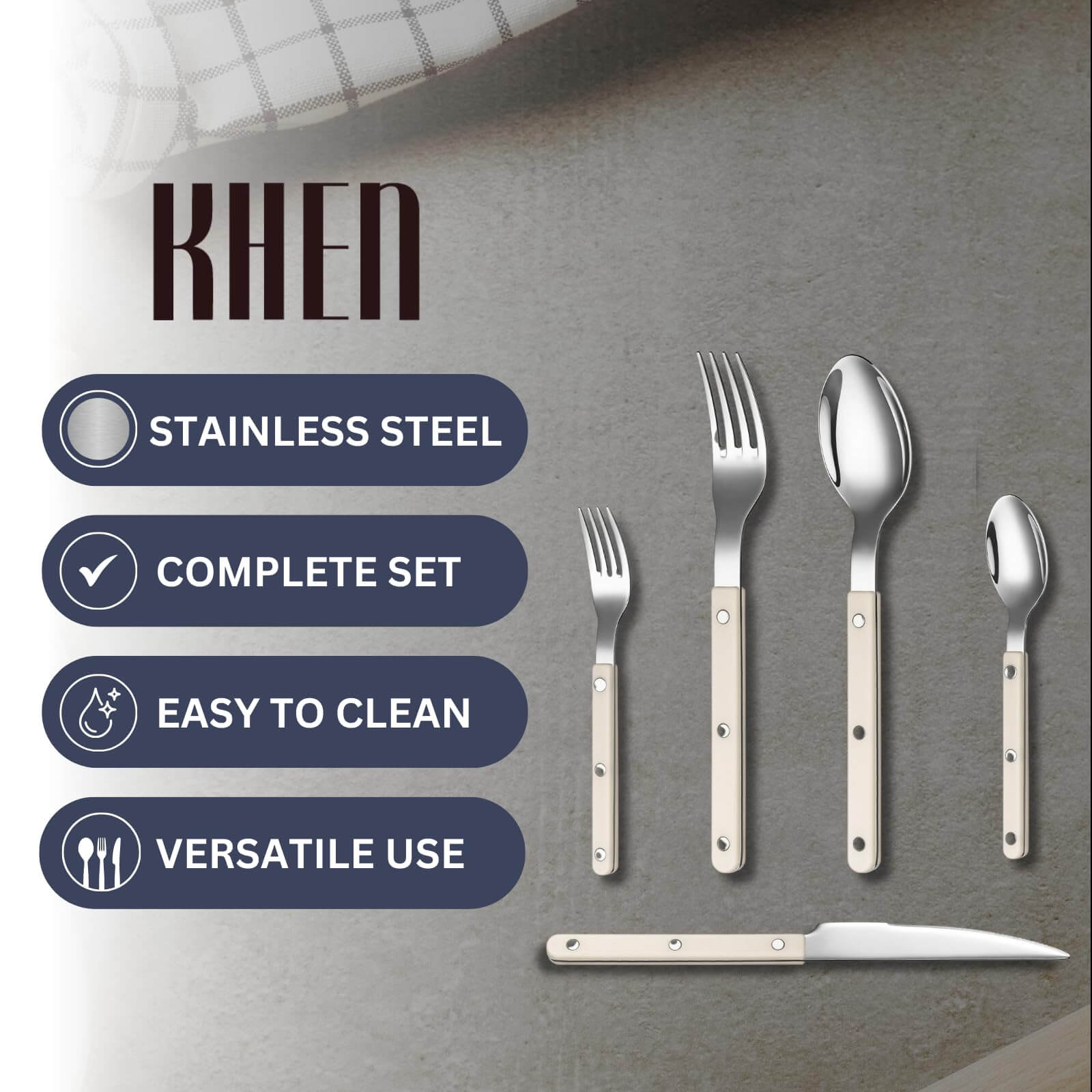 Khen Cream Cutlery Set of 20 showcasing stainless steel cutlery set with modern design and easy-to-clean features.