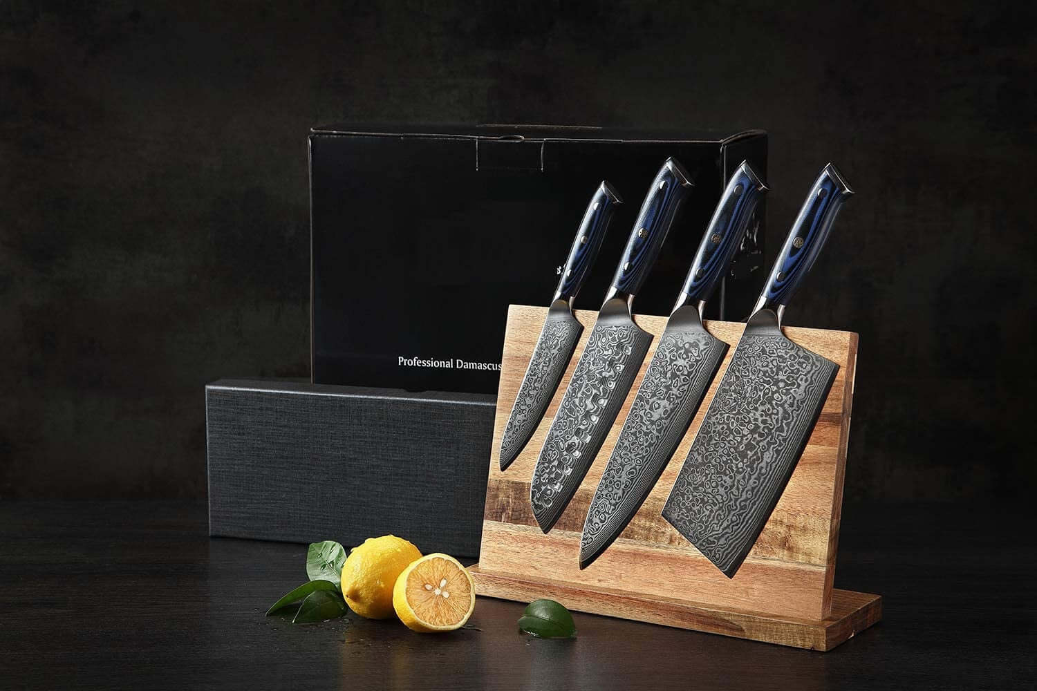 Damascus Kitchen Knives Set - Blue & Black Micarta Handles