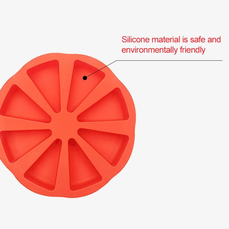 Red silicone mold with text indicating safety and environmental friendliness on a white background