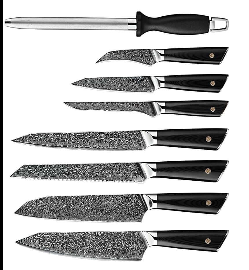Damascus Kitchen Knives Set - Bull Horn Handles