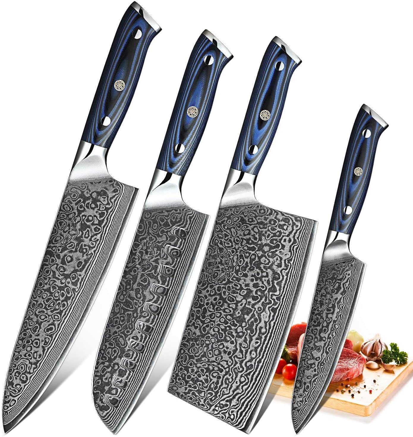 Damascus Kitchen Knives Set - Blue & Black Micarta Handles