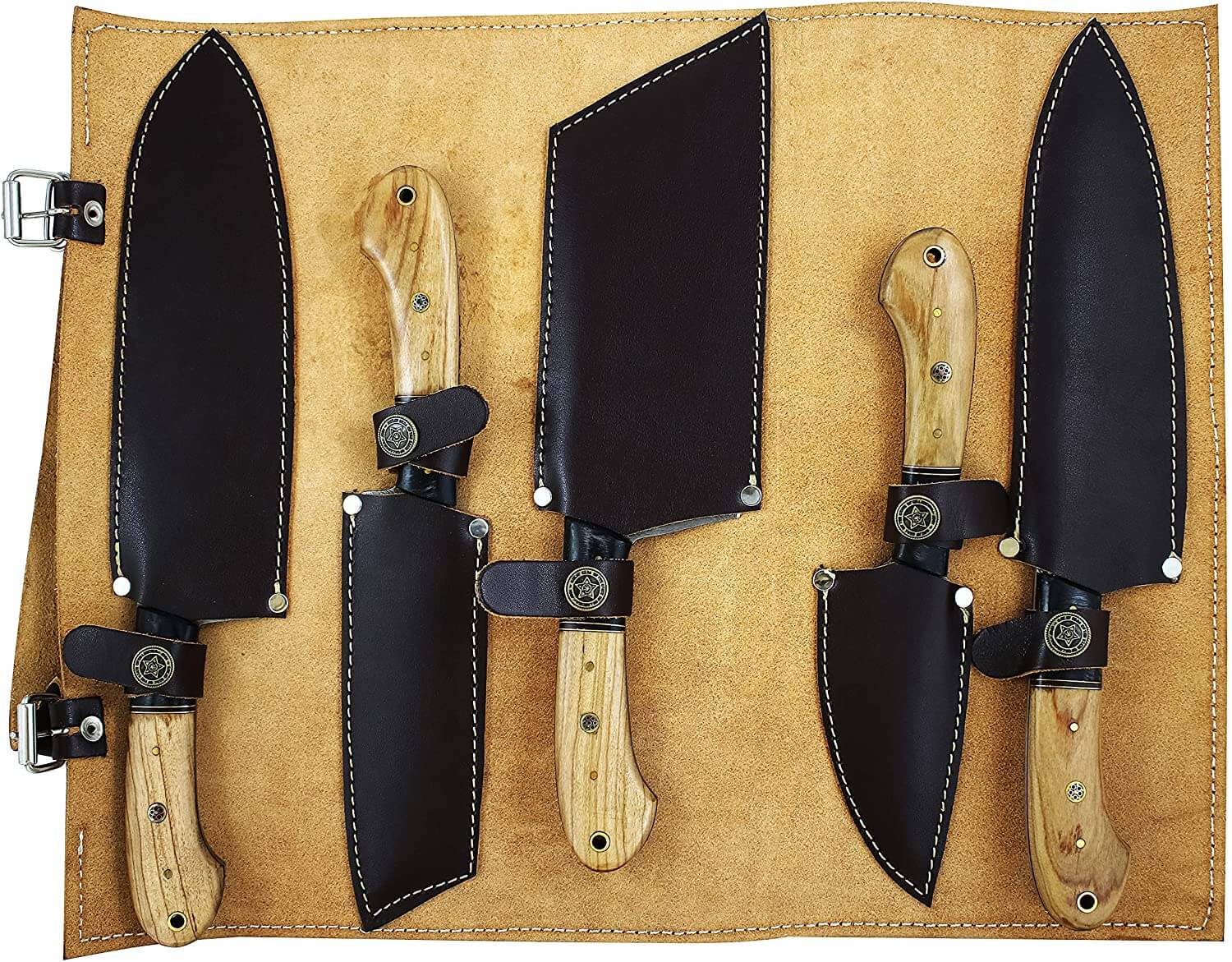 Damascus Kitchen Knives Set - Olive Wood 
