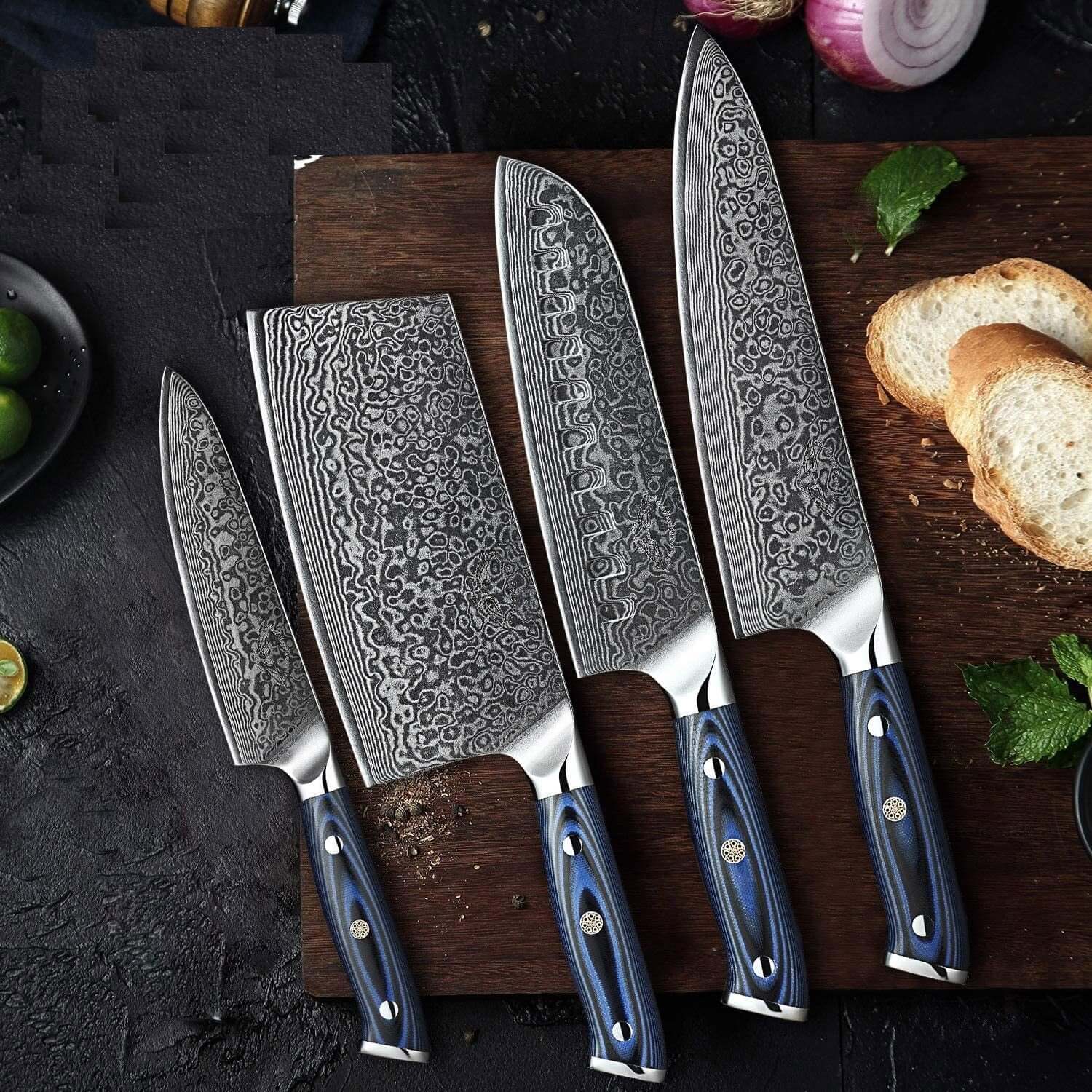 Damascus Kitchen Knives Set - Blue & Black Micarta Handles
