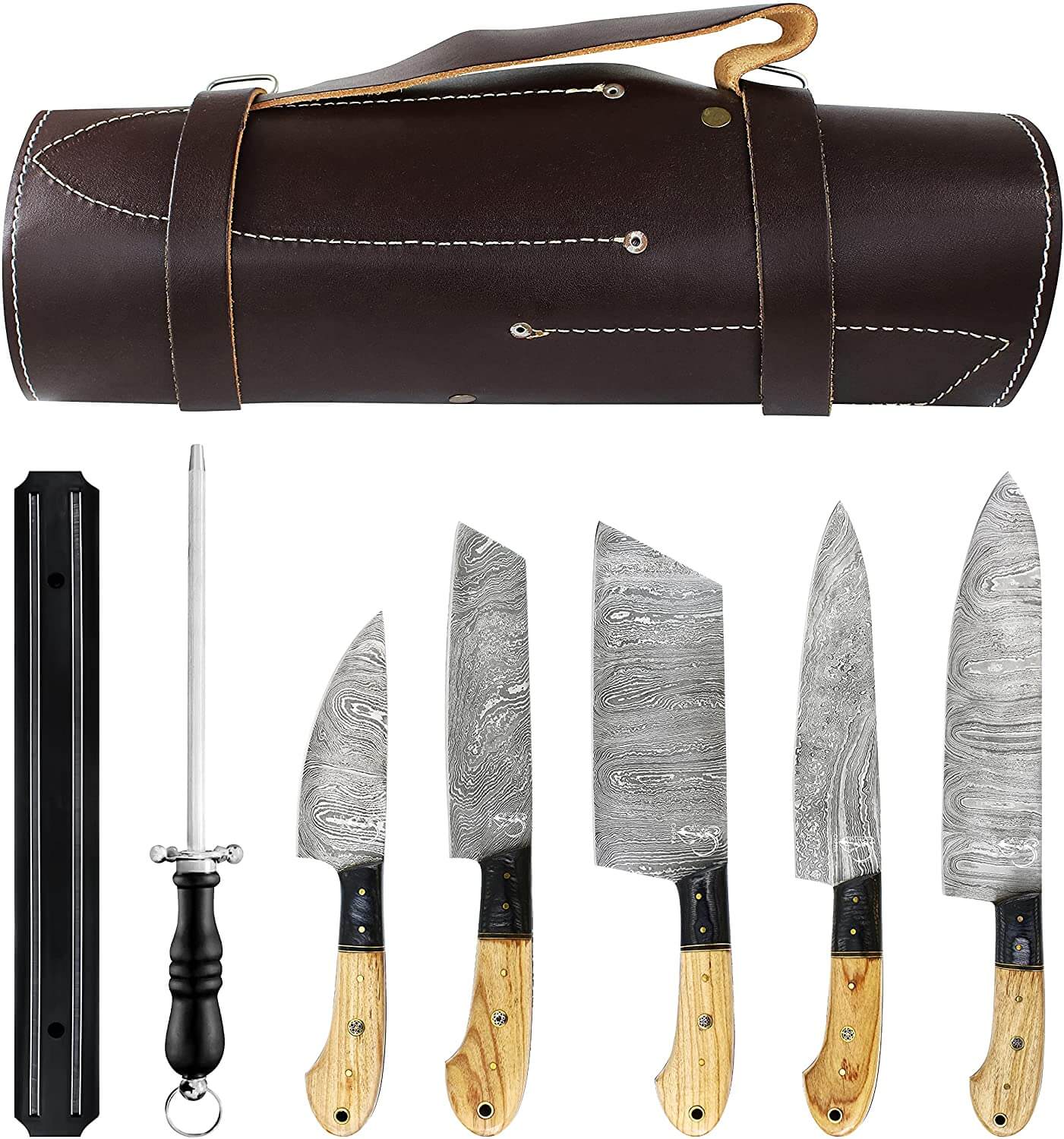 Damascus Kitchen Knives Set - Olive Wood 