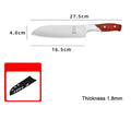 Stainless Steel Santoku Chef Knife, 16 cm Blade, Six Styles, red handle with bolster, dimensions - Wine Drop Cookery LLC