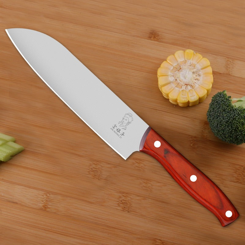 Stainless Steel Santoku Chef Knife, 16 cm Blade, Six Styles, red handle on a cutting board - Wine Drop Cookery LLC