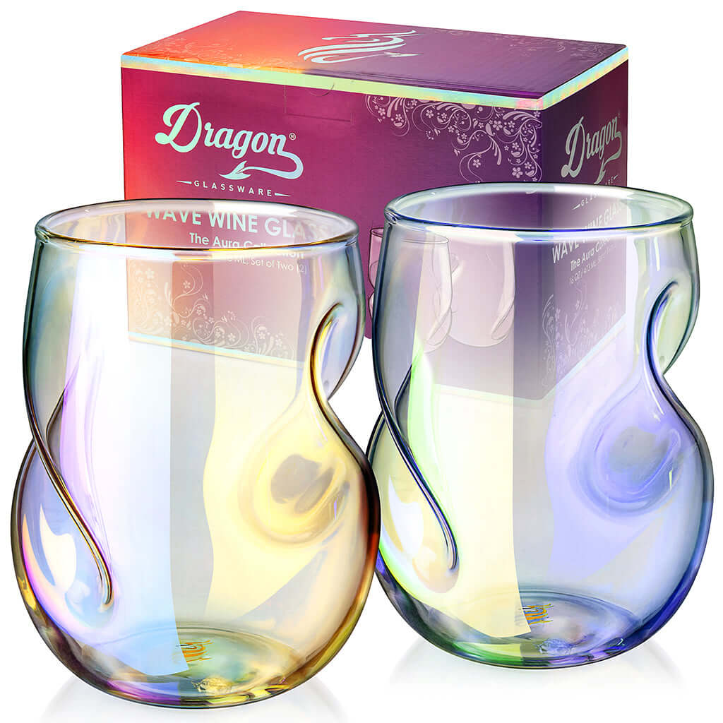 Professional Quality Wine Glasses in a box, featuring a unique wave design and sparkling colors.