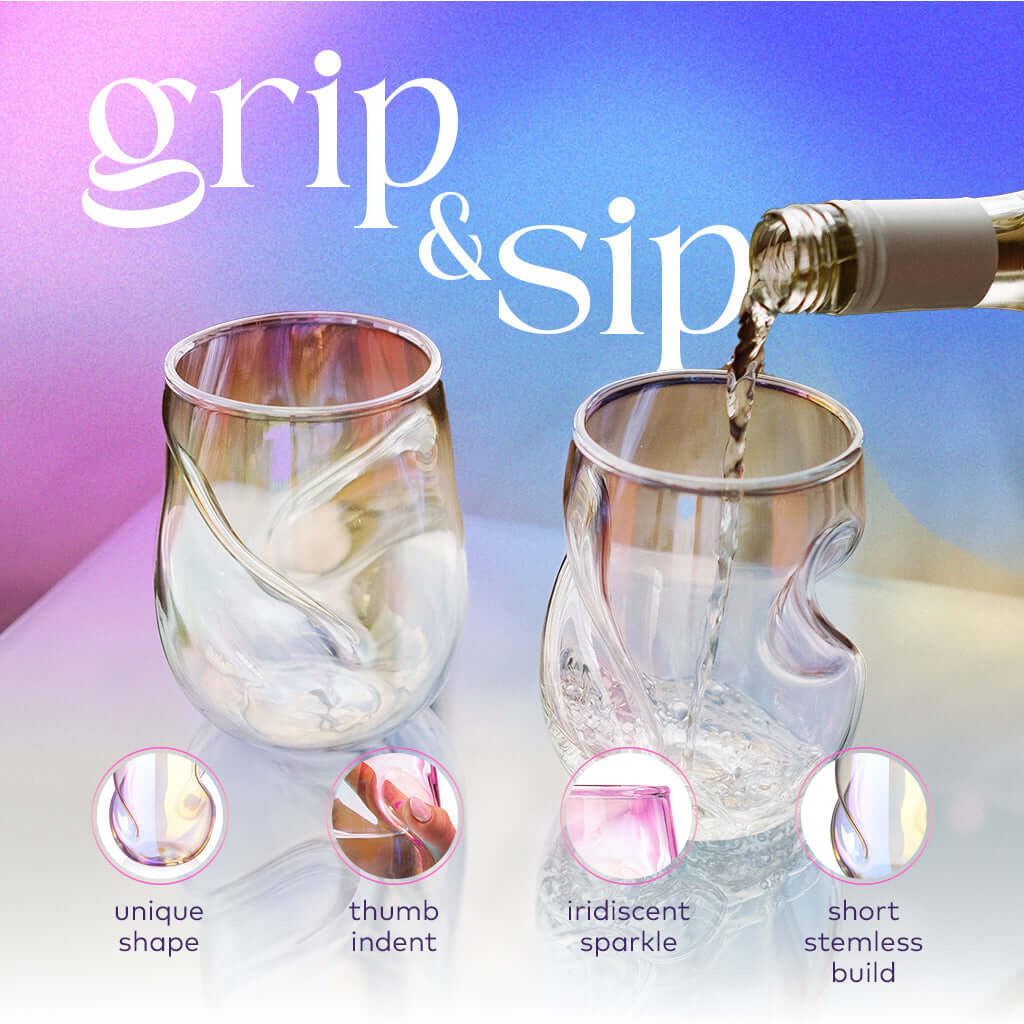 Professional Quality Wine Glasses showcasing unique shape, thumb indent, and sparkle, perfect for sipping wine.