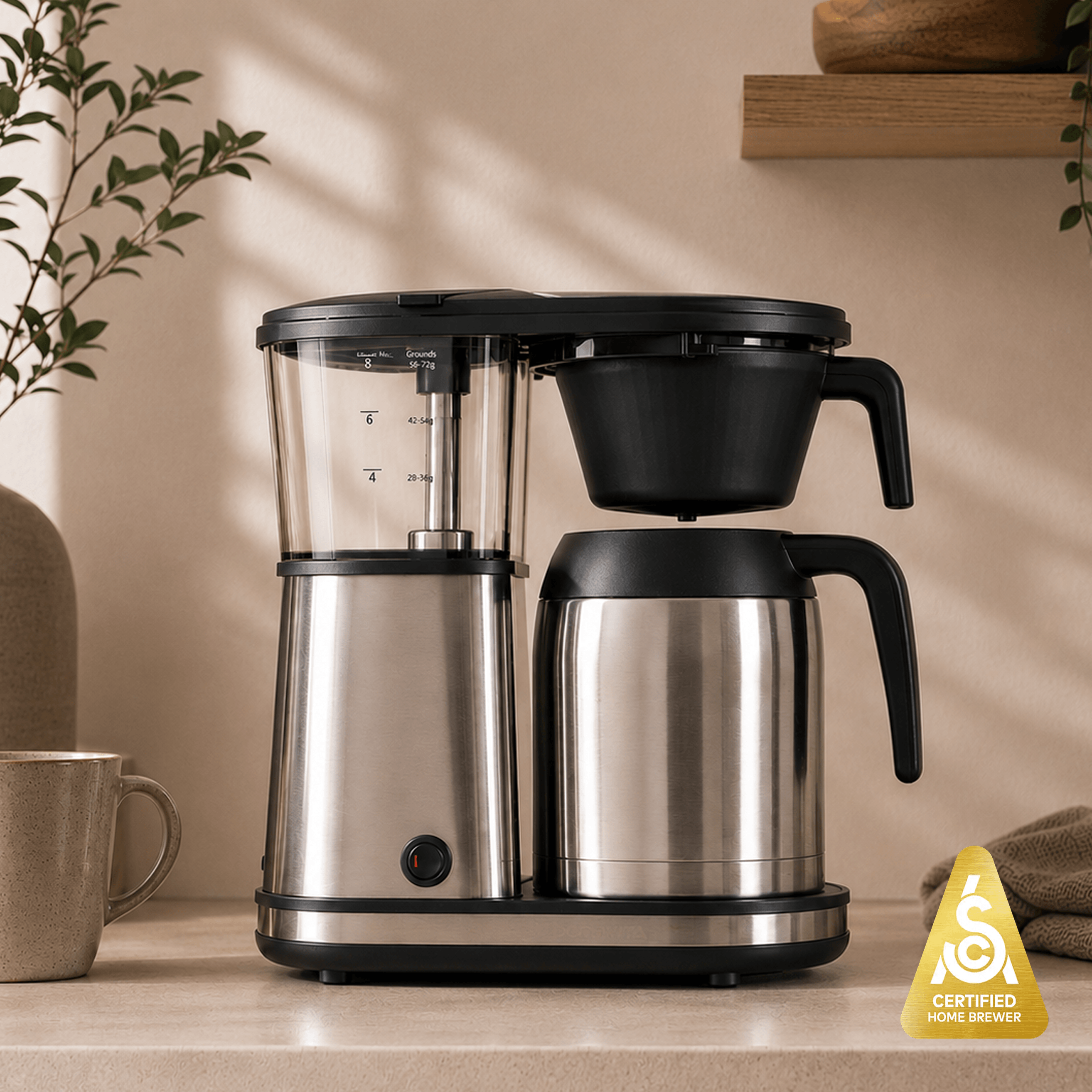 Bonavita Connoisseur 8-Cup Thermal Coffee Brewer with stainless steel carafe and glass water reservoir.