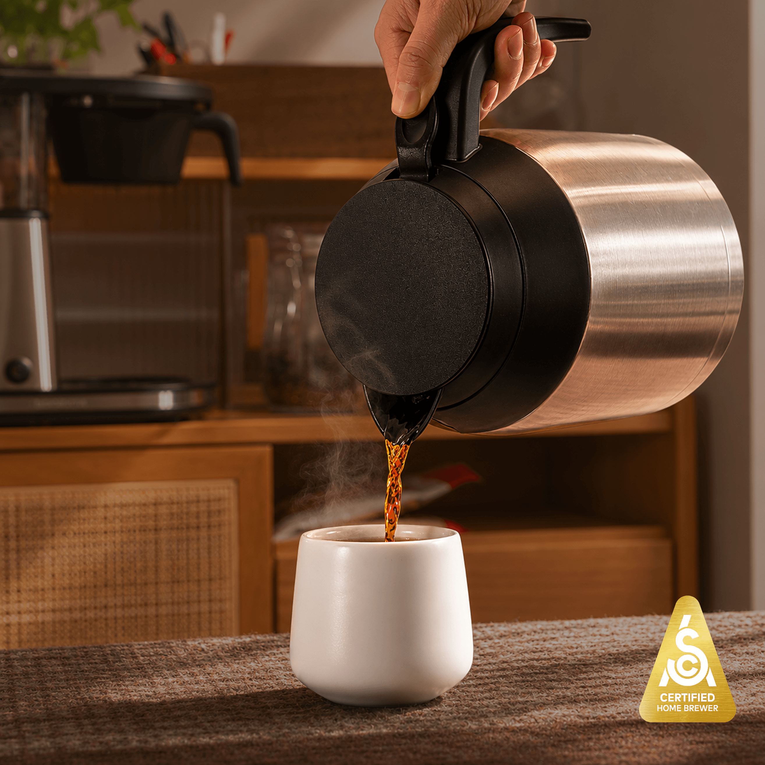 Pouring coffee from the Bonavita Connoisseur 8-Cup Thermal Coffee Brewer into a white mug.