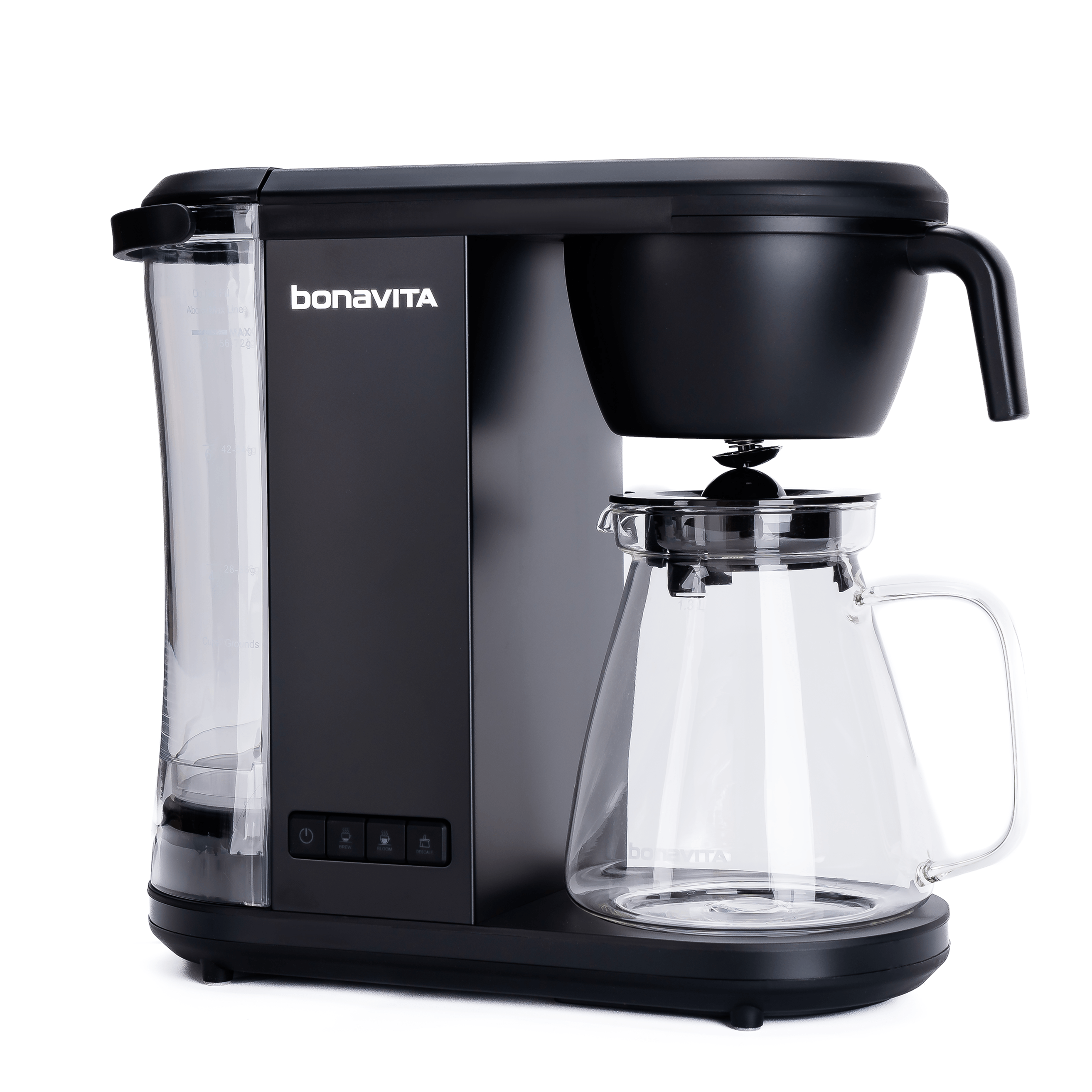 8-cup drip coffee brewer with glass carafe and sleek design for brewing exceptional coffee.