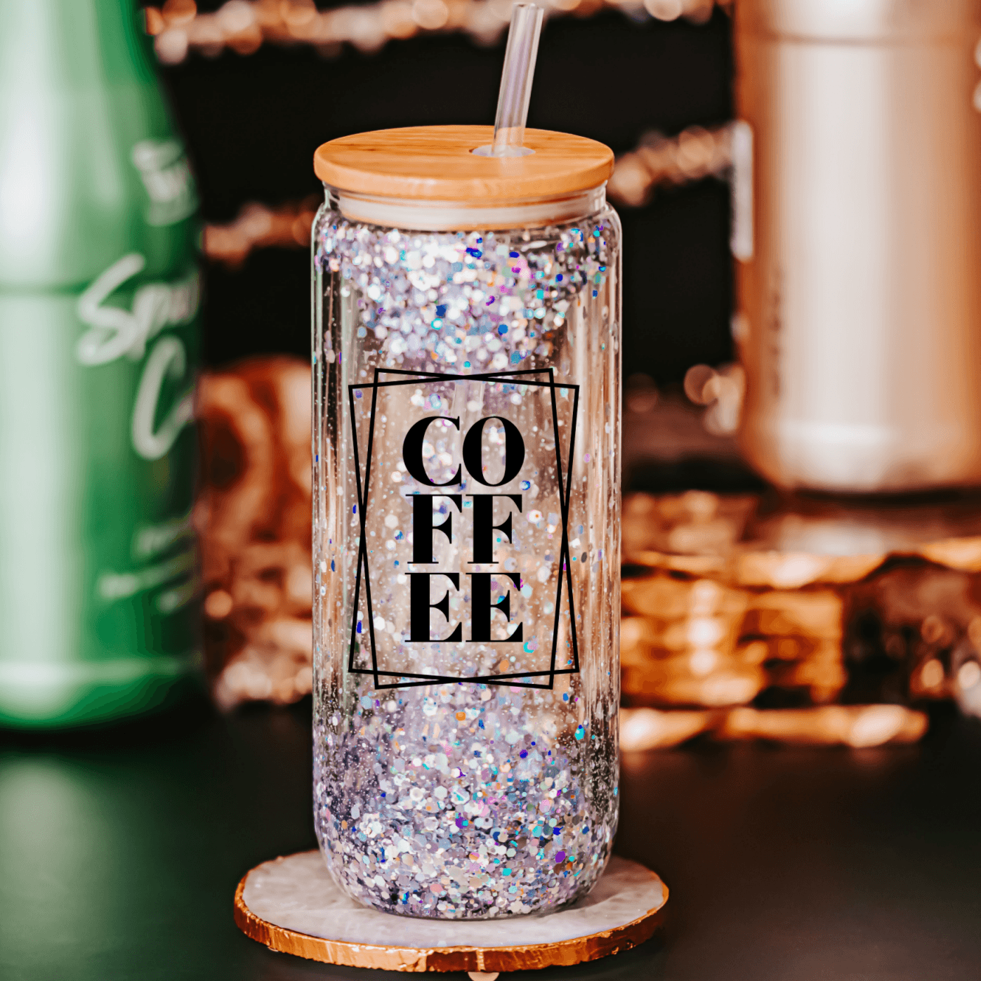 glass can cup for coffee lovers with silver glitter and wood lid, perfect for trendy coffee enthusiasts.