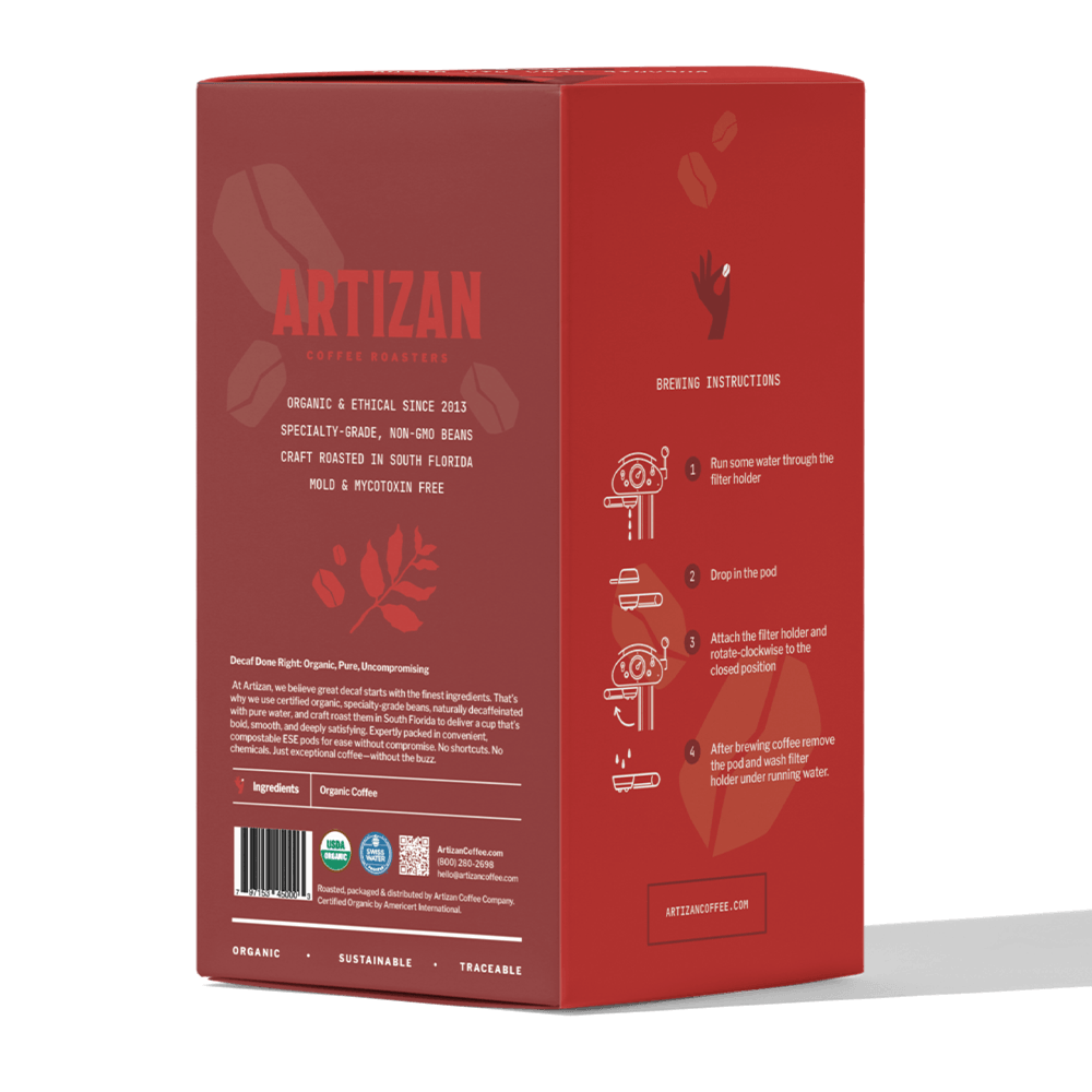 Organic Cuba Mia Decaf Espresso Pods Dark Roast packaging with brewing instructions and ingredients list.