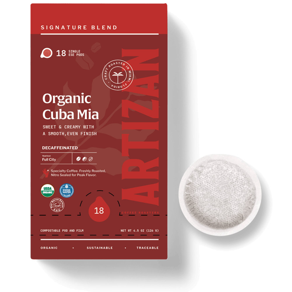 Organic Cuba Mia Decaf Espresso Pods Dark Roast package with a pod on a white background.