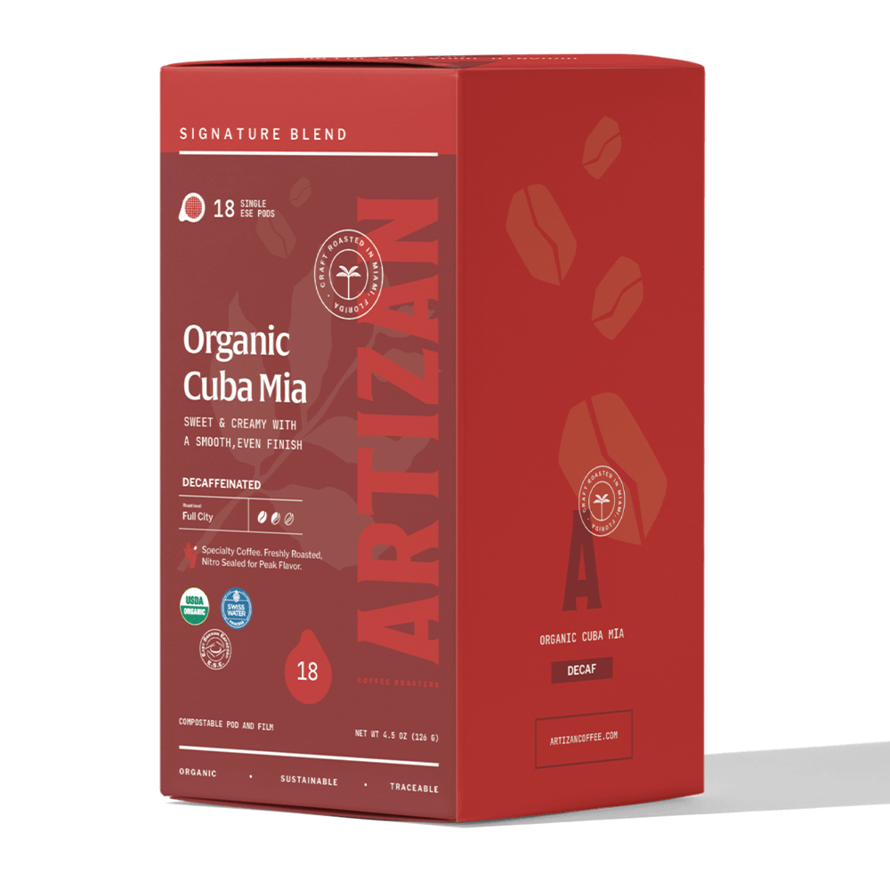 Organic Cuba Mia Decaf Espresso Pods Dark Roast packaging box with vibrant colors and graphics.