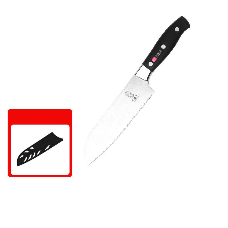 Stainless Steel Santoku Chef Knife, 16 cm Blade, Six Styles, black handle, serrated edge - Wine Drop Cookery LLC