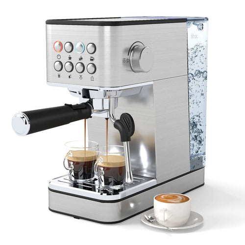 20 Bar Stainless Steel Espresso Machine with Milk Frother showcasing espresso being brewed and a cup of cappuccino.