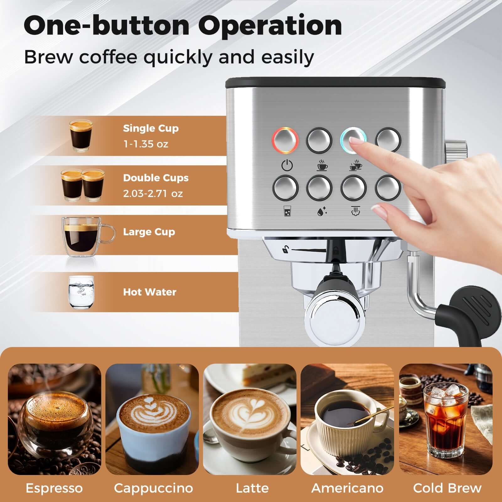 20 Bar Stainless Steel Espresso Machine with Milk Frother featuring one-button operation for brewing coffee easily.
