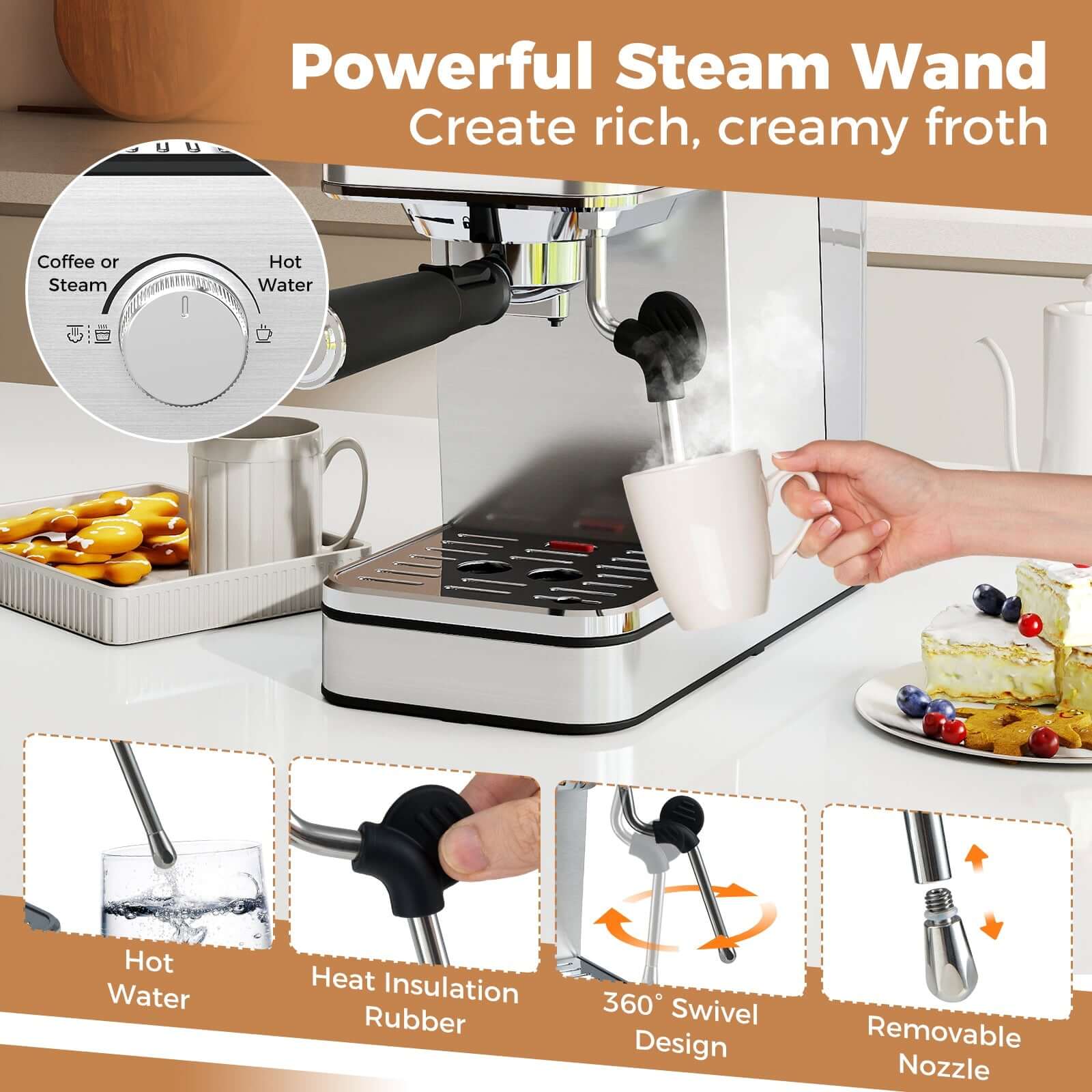 20 Bar Stainless Steel Espresso Machine with Milk Frother showing powerful steam wand for rich, creamy froth.