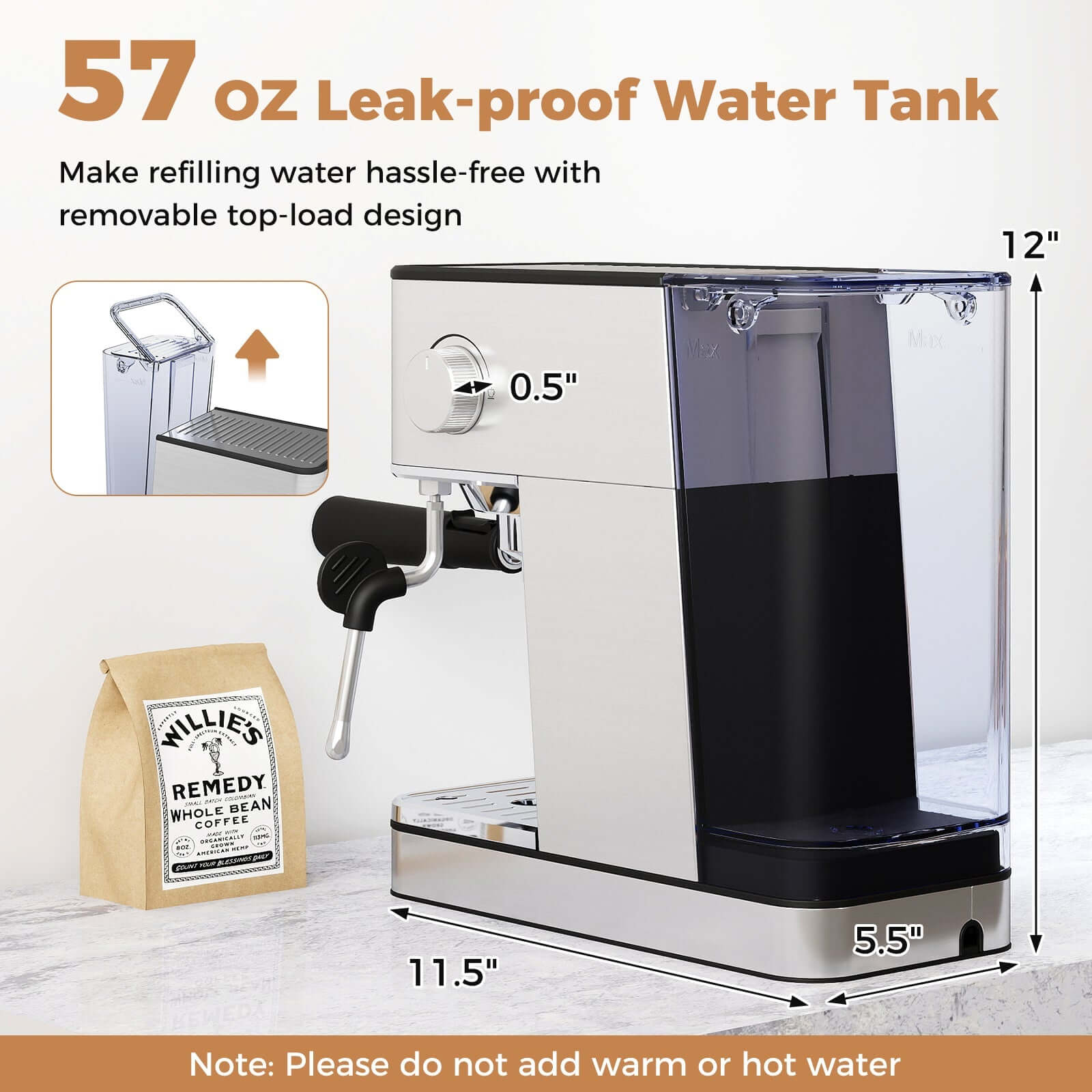 57 Oz Leak-proof Water Tank for 20 Bar Stainless Steel Espresso Machine with Milk Frother, featuring a convenient top-load design.