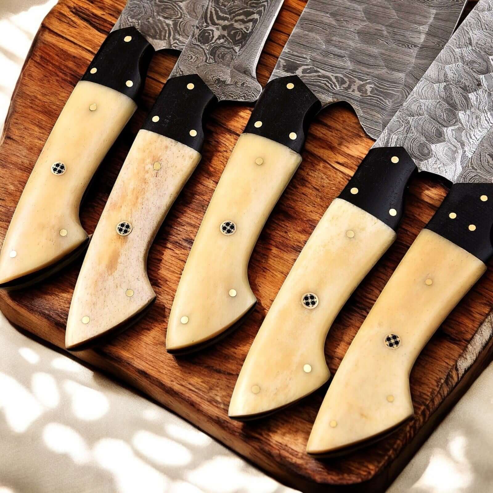Handmade Damascus Kitchen Knives Set Bone & Horn Handles