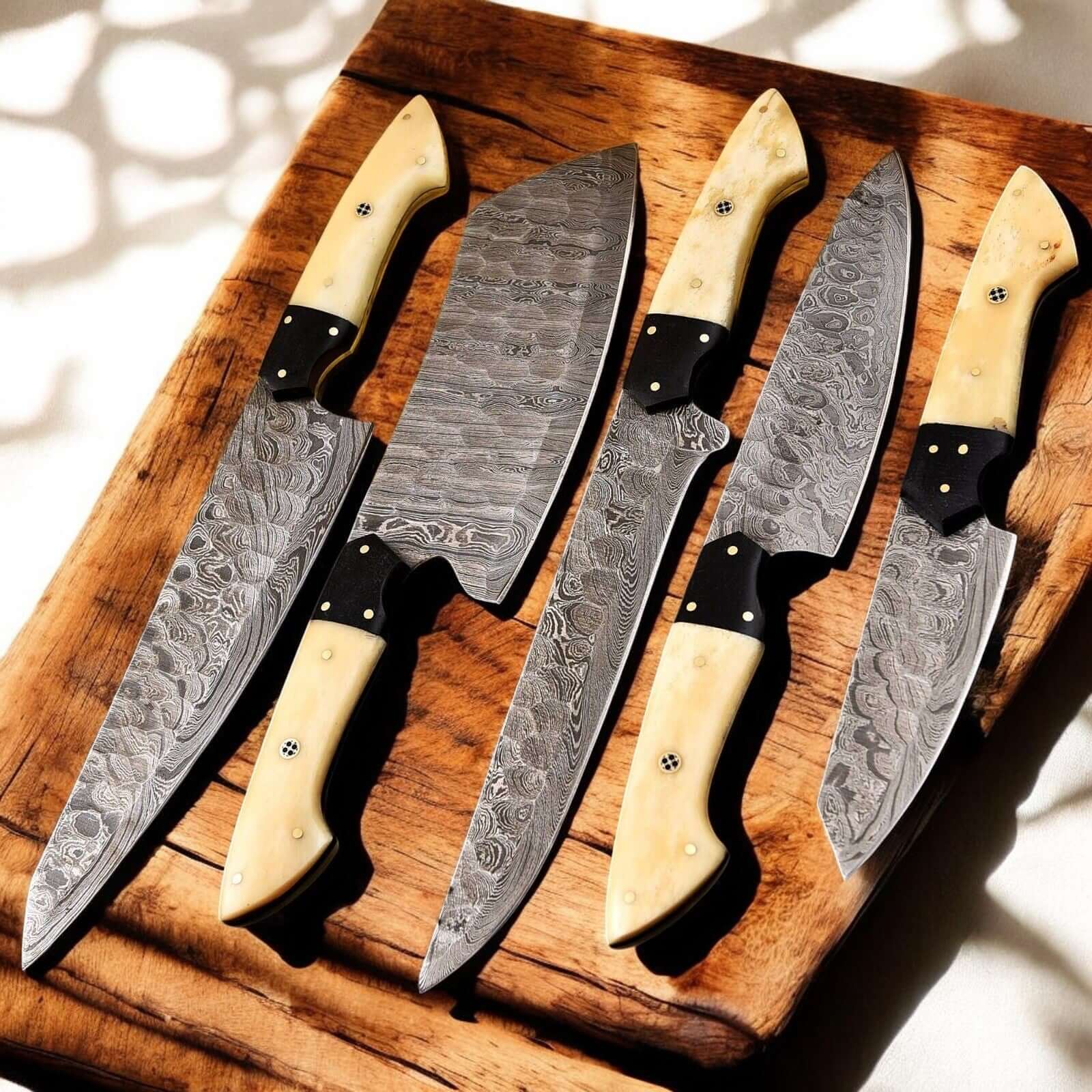 Handmade Damascus Kitchen Knives Set Bone & Horn Handles