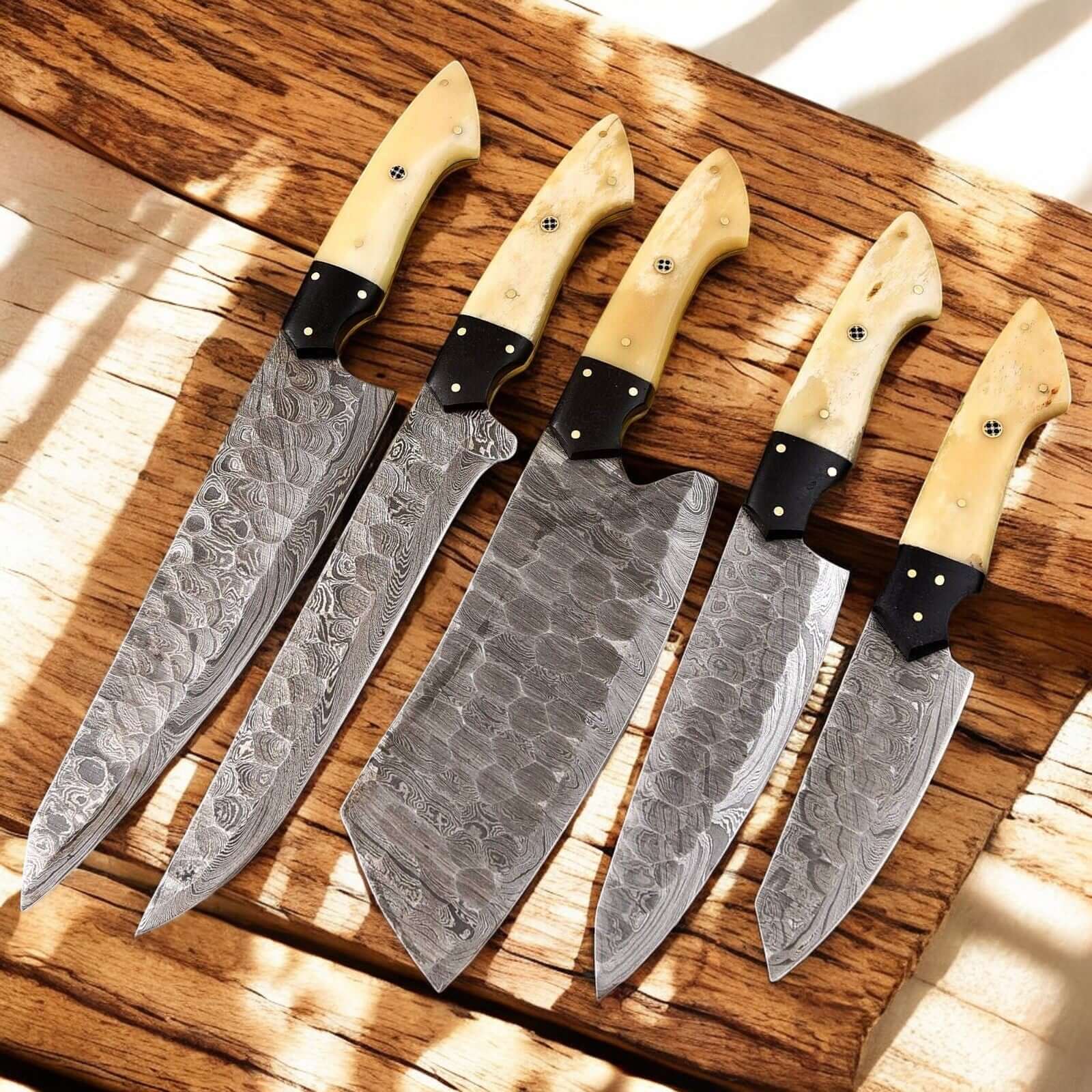 Handmade Damascus Kitchen Knives Set Bone & Horn Handles