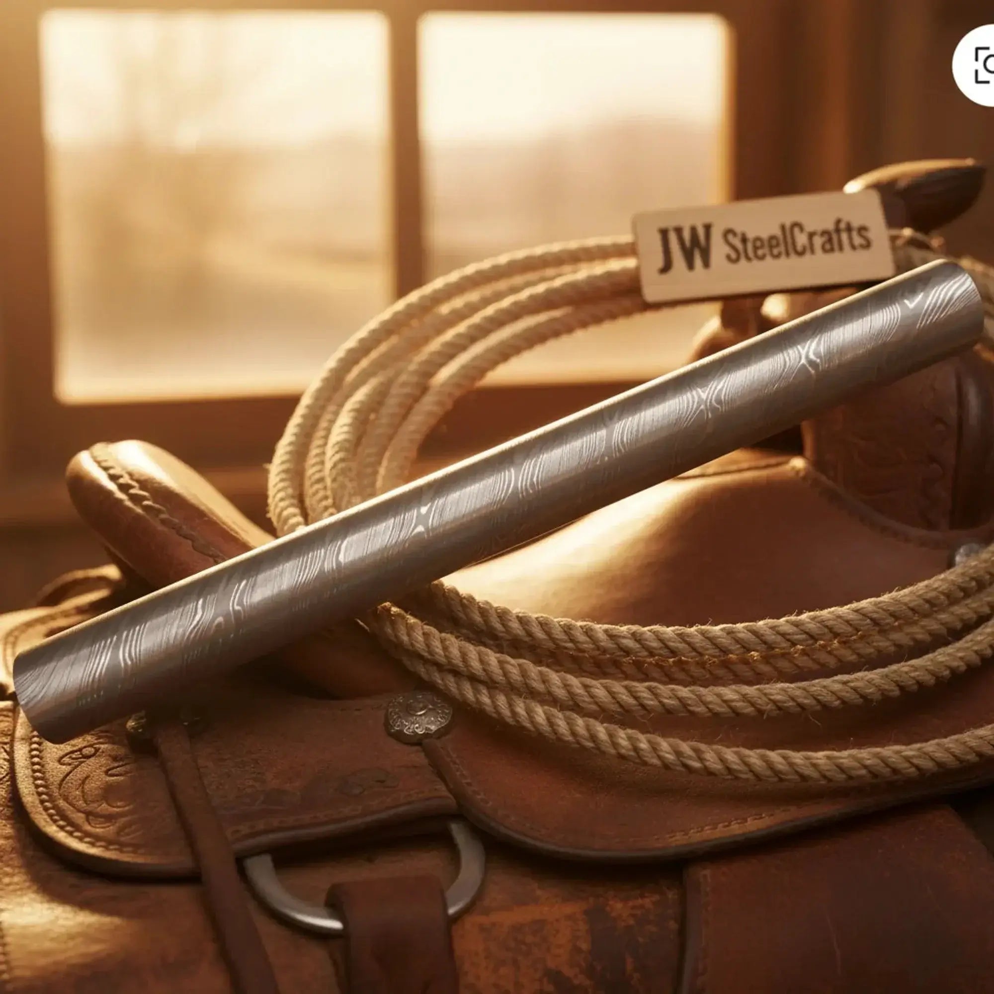 Damascus steel honing rod resting on a saddle with ropes in a warm, rustic setting.