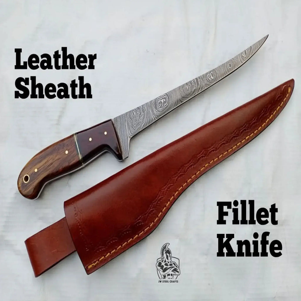 Custom made damascus fillet knife with leather sheath for precision fish filleting by JW SteelCrafts.