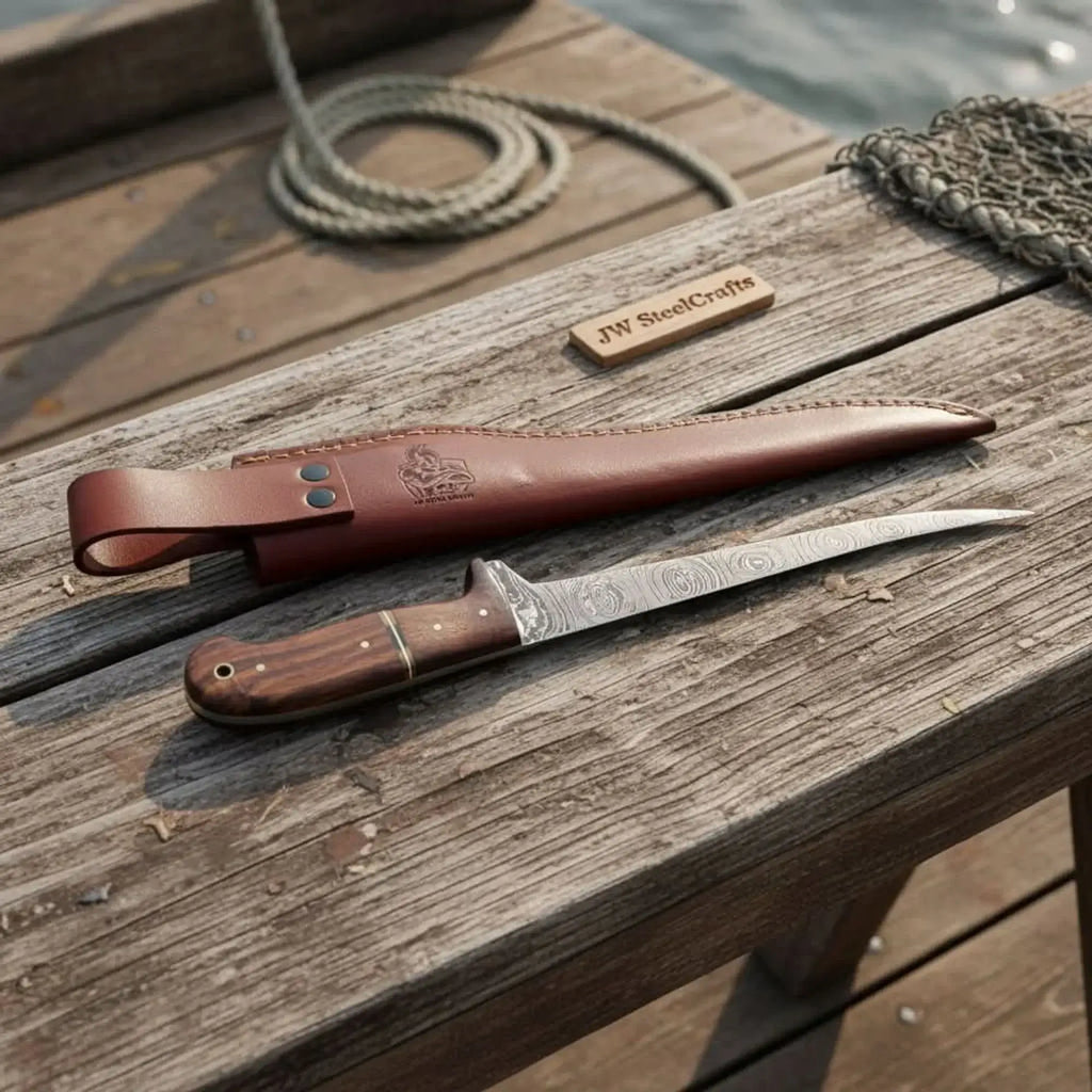 Custom made damascus fillet knife with leather sheath on wooden table near water by JW SteelCrafts.