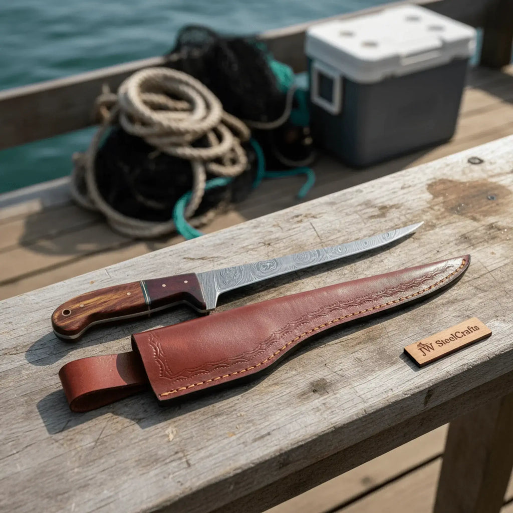 Custom made damascus fillet knife on wooden surface with leather sheath in outdoor fishing setting.