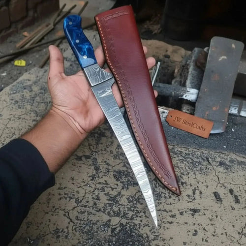 8 inch Damascus fillet knife with blue resin handle