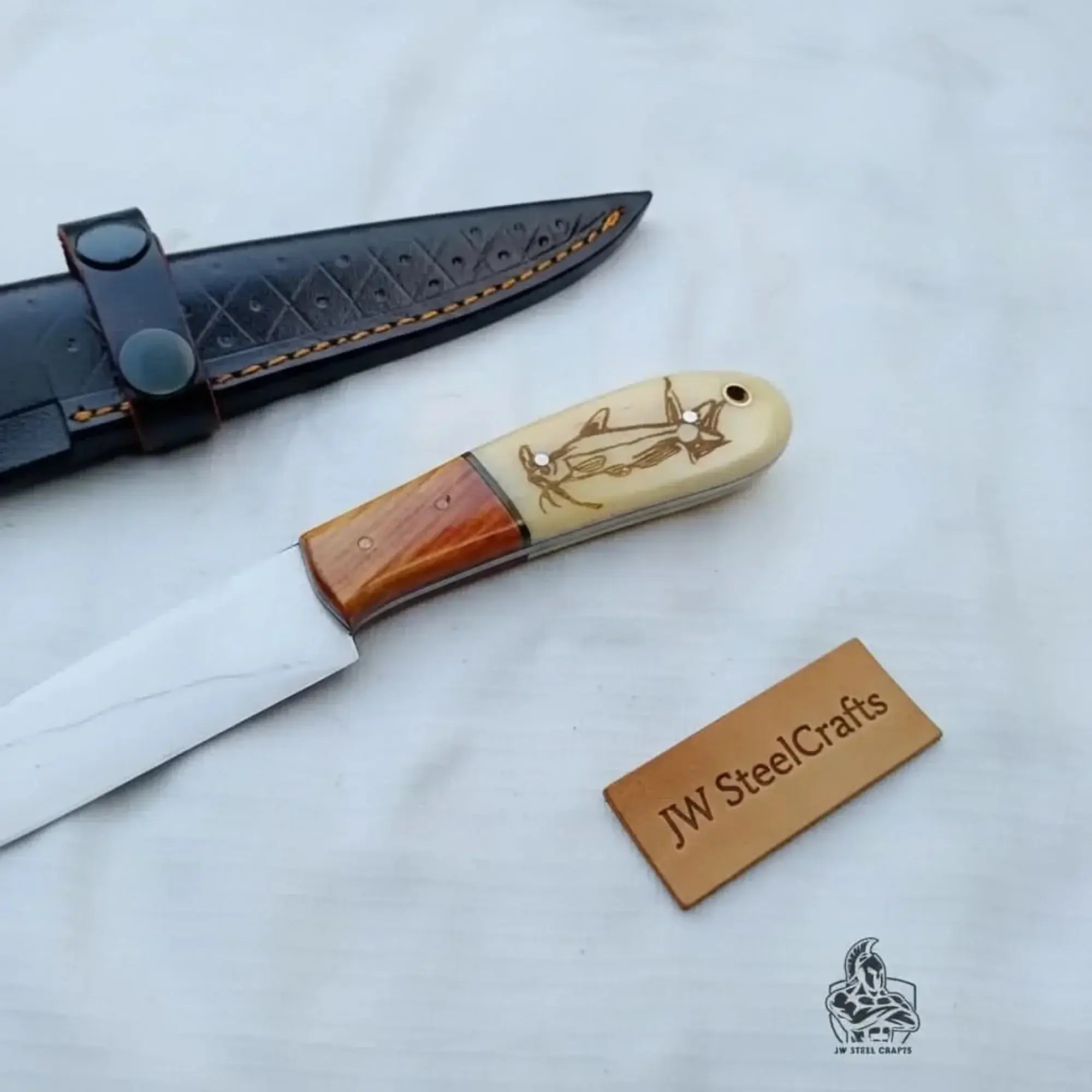 Handmade 13 inch fillet knife with engraved handle, wood and bone grip, and leather sheath for fishing.