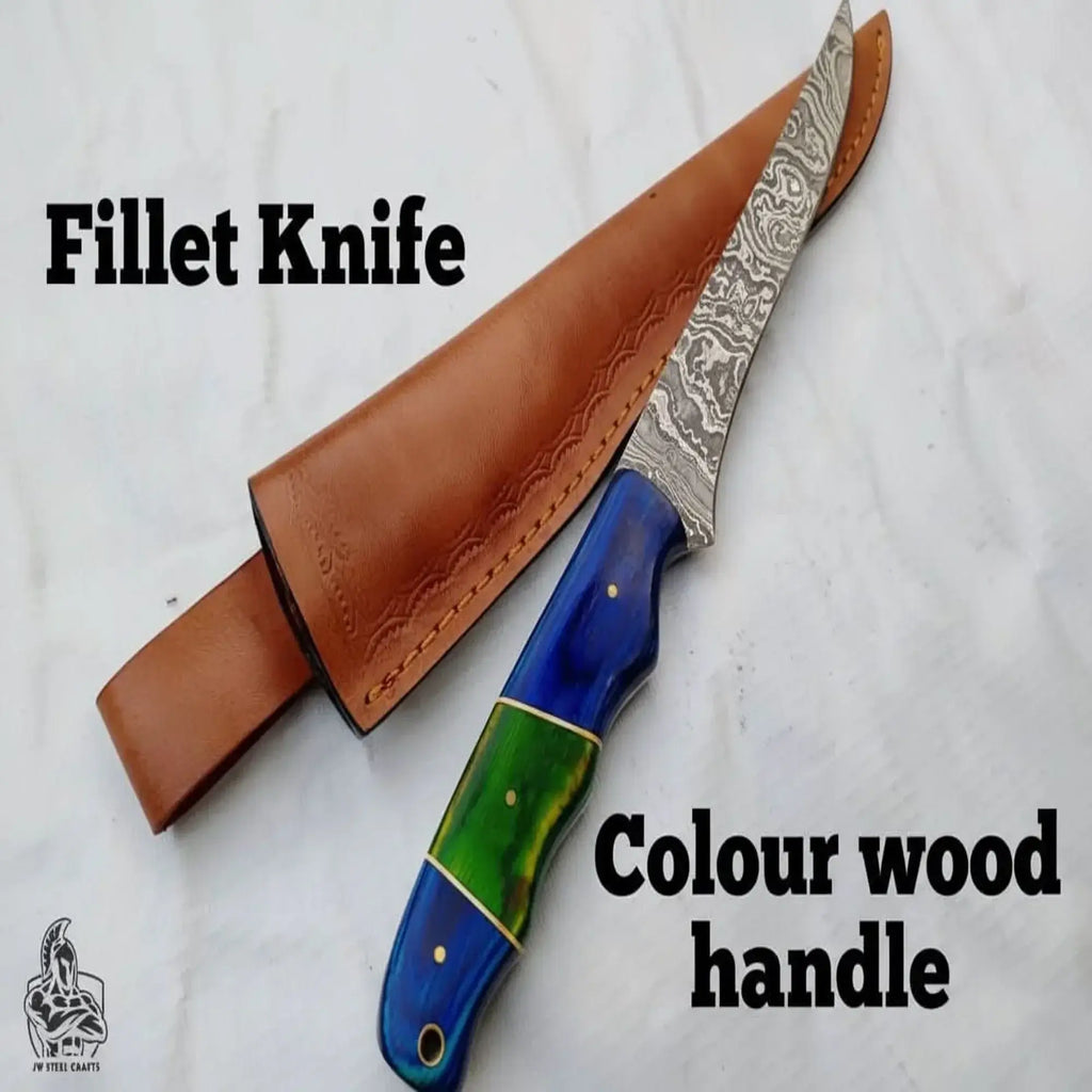 Handmade Damascus fillet knife with color wood handle and leather sheath, showcasing precise fish filleting capabilities.