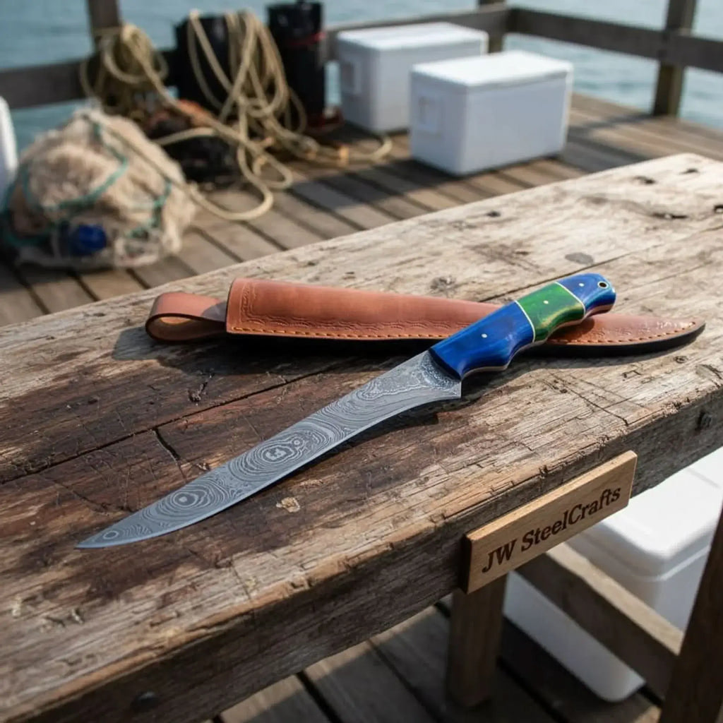 Handmade Damascus fillet knife on wooden table with leather sheath, showcasing blue and green handle, perfect for fish processing.